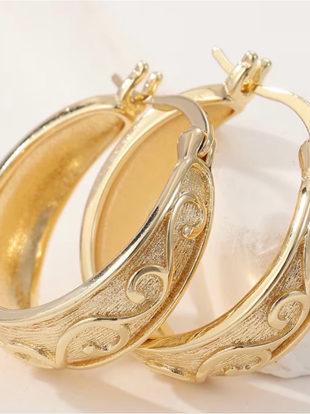 Vintage Gold tone Embossed scrollwork Hoop Earrings-Filigree Huggie
